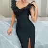 Summer Midi Women's Bodycon Vestidos Black Mesh Ru