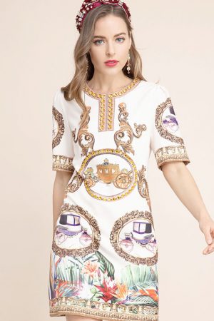 Summer Mini Dress Women's O-Neck Beading Printed L