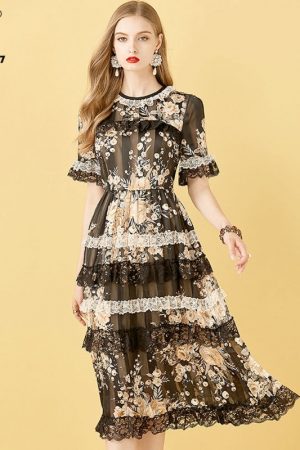 Summer O-Neck Ruffle Boho Women Dress Lace Patchwo