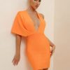 Summer Orange Bodycon Dress For Women V Neck Backl