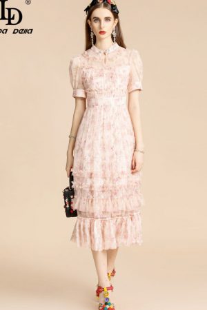 Summer Pink Mesh Dress Women Short Sleeve Folds Ru