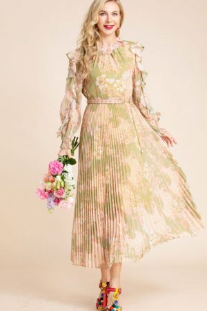 Summer Pleated Dress Women Lantern Sleeve Sashes F