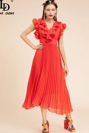 Summer Red Dress Women's Butterfly Sleeve Ruffles