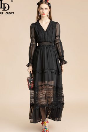 Summer Runway Designer Dress Women's V Neck Lanter