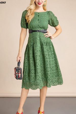 Summer Runway Fashion Green Dress Woman Puff Sleev