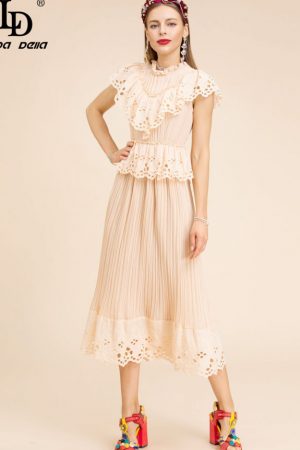 Summer Solid Dress Stand Collar Ruffles Hollow Out