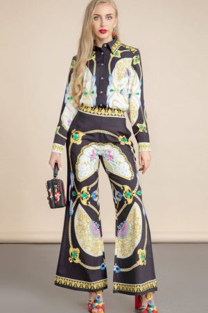 Summer Two Pieces Pants Set Women's Vintage Floral