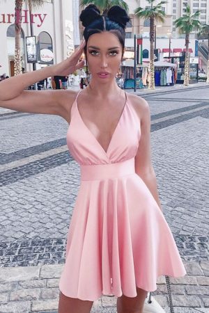 Summer V Neck Women Dress Satin Spaghetti Straps M