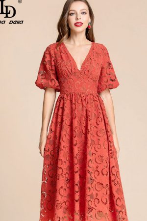 Summer Vacation Party Dress Women's V-Neck Hollow-