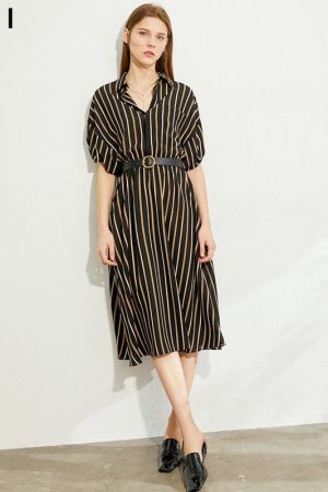 Summer Vintage Women's Dress Causal Lapel Stripe P