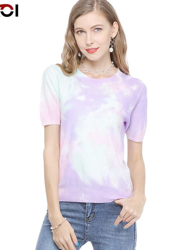 Summer Women Oversized Purple T-Shirt Knitted Shor