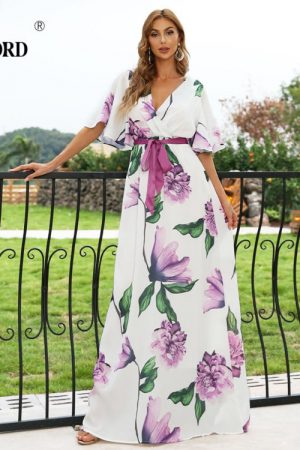 Summer Women V Neck Floral Long Dress Print Beach