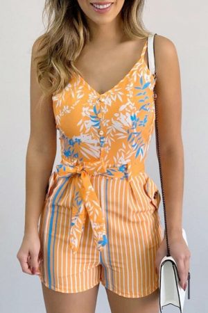 Summer Womens Print Jumpsuit D Lace Up Slim Sleeve