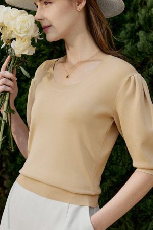 Summer Women's Short-Sleeved Knitted Solid Slim Sh