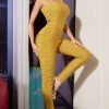 Summer Yellow Jumpsuits For Women Hollow Out Sleev