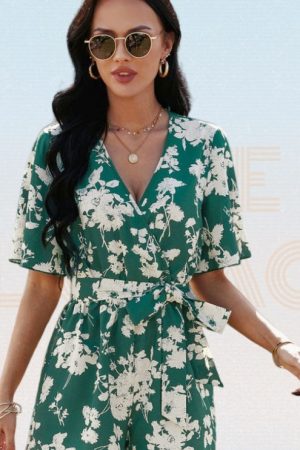 Surplice Front Allover Floral Print Belted Playsui
