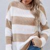 Sweater Women White Khaki Striped Drop Shoulder Sl