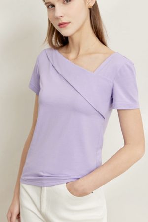 T-Shirt For Women Summer Solid Asymmetrical V-Neck
