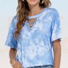 Tie-Dye V Grommet Eyelet Lace Up O-Neck Short Slee