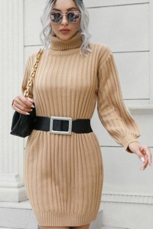 Turtleneck Ribbed Knit Sweater Dress Without Belt