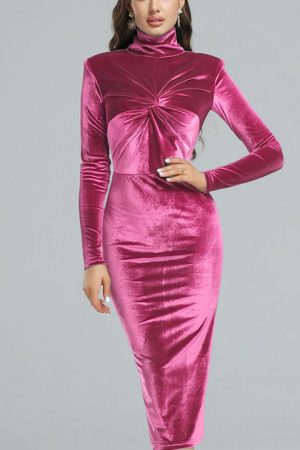Turtleneck Velvet Party Dress Women Pink Elegant C