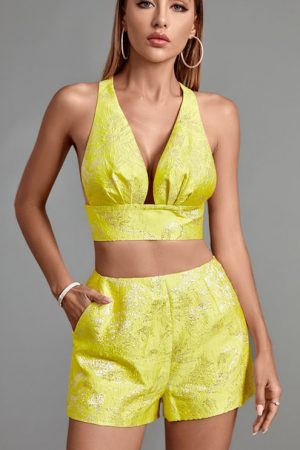 Two Piece Set Top And Shorts Women's Yellow 2 Pece