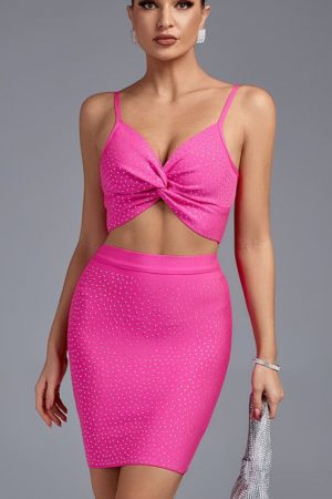 Two Piece Women Hot Pink 2 Piece Set Bodycon Eveni