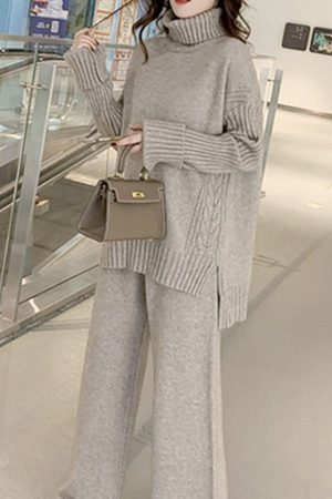 Two Piece Women Knitted Tracksuits Winter Cashmer
