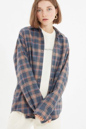 Unisex Oversize Snap Fastener Plaid Shirt Tmnaw22g