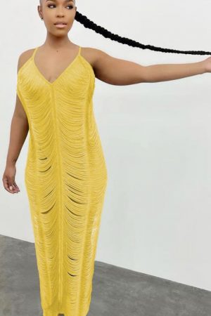 V-Neck Long Crochet Tunic Straped Hollow Out Maxi