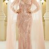V-Neck Mesh Cloak Sleeve Sequins Pink Prom Dress B