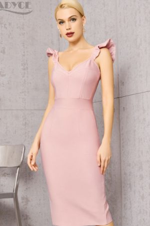 V Neck Pink Bodycon For Women Summer Ruffles Sleev