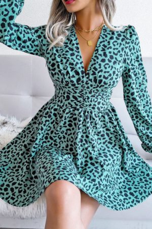 V-Neck Stitching Leopard Print Dress Spring Autumn