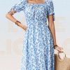 Vintage Dress Women Summer Blue Print Slim High Wa