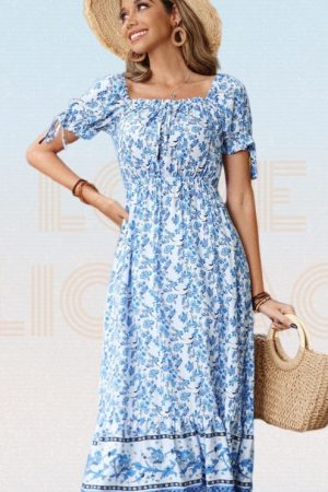Vintage Dress Women Summer Blue Print Slim High Wa