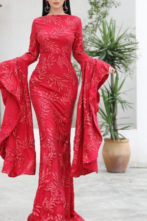 Wedding Long Dress Women Autumn O Neck Flare Sleev