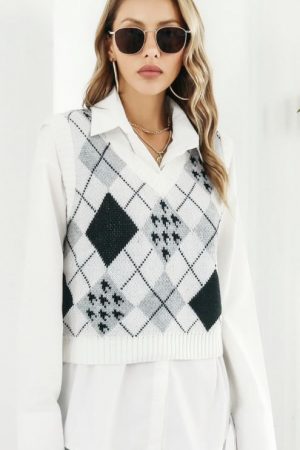 White Sleeveless Streetwear Knitted Vest Sweater W