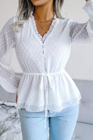 White V-Neck Blouse Women's Early Spring Style Lac