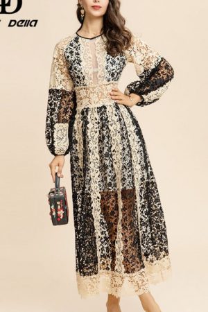 Autumn/Winter Dress Women Lantern Sleeve Lace Hook
