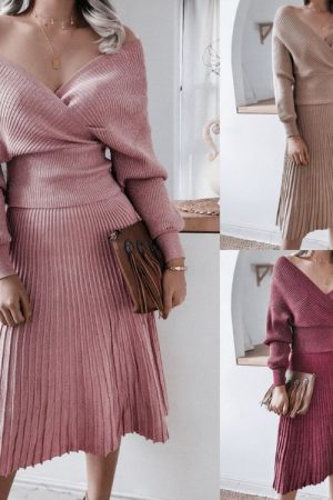 Winter Knitted 2 Piece Set Women Deep V Neck Bat S