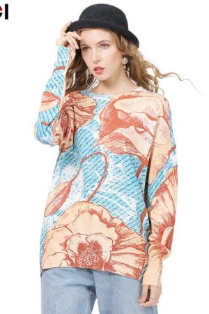Winter Sun Flower Print Sweater Women Pullovers Kn