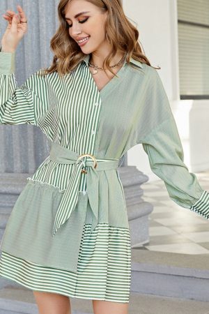 Women Casual Stripe Mini Dresses 2023 Spring Patch