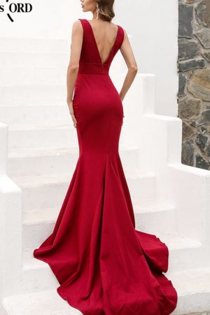 Women Deep V Neck Evening Party Wedding Dress Fema