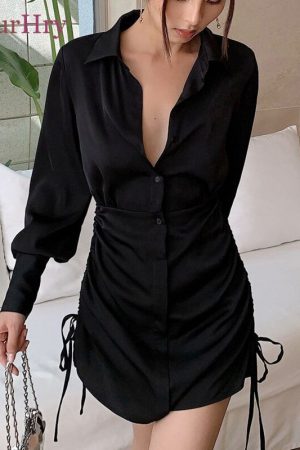 Women Deep V Neck Mini Shirt Dress Bodycon Button