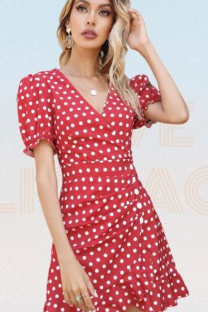 Women Dress Fashion Dot Puff Sleeve Chiffon Dress