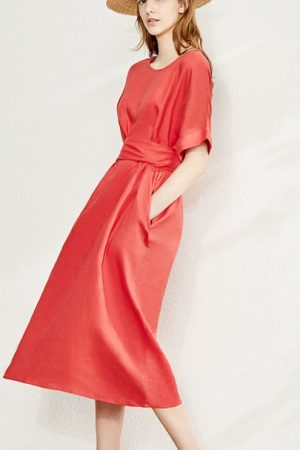 Women Dress Summer 100% Linen Niche Design Solid F