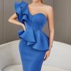 Women Evening Midi Blue Ruffles Dress One Shoulder