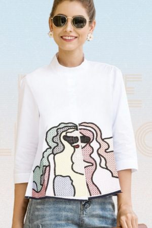 Women Fashion Embroidery Casual Shirts Summer Mid