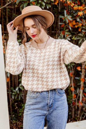 Women Geometric Khaki Knitted Sweater Women Casual