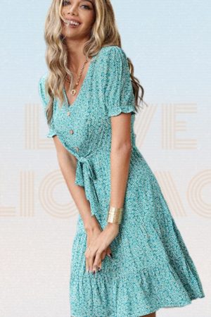 Women Green Floral Dress Summer Butterfly Sleeve H